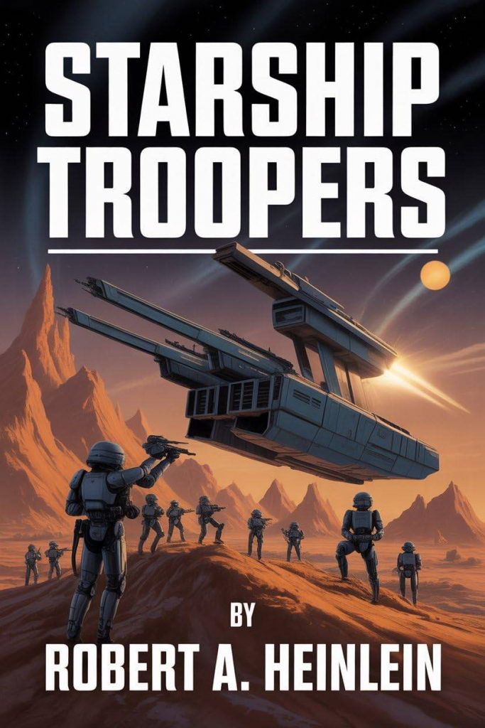 It says Starship troopers in big bold letters and underlined at the top:
STARSHIP
TROOPERS
__________
below that is is some sort of drop ship that I cannot tell if it is facing towards or away. It looks like a star trek shuttlecraft only with two Enterprise A style nacelles on top facing away, as if we are looking at the back of the ship. A 3rd, different sort of nacelle is in the middle top and appears to be firing rocket thrust out the back form out viewpoint. There's a dim sun looking object right belove the S in troopers.  There are wispy clouds.  in the background are some light brown mountains with the one on the live being very large.  In the foreground is a "space marine" facing away from us with apparently 3 arms.  several other soldiers are gathered arounds at the drop point.